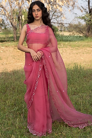 Rose Pink Hand Embroidered Saree Set by Zoon Tribe