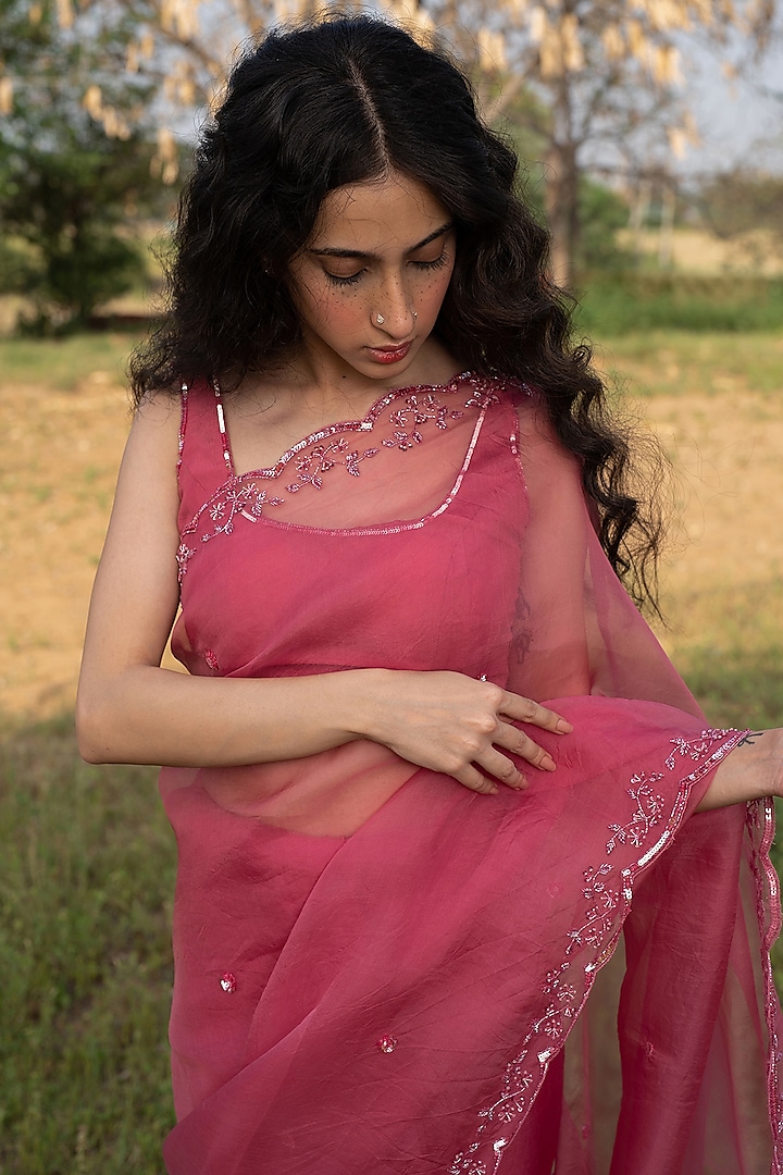 Rose Pink Hand Embroidered Wedding Saree Set by Zoon Tribe at Pernia's Pop Up Shop