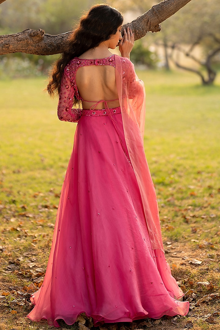 Hot Pink Silk Organza Wedding Lehenga Set by Zoon Tribe at