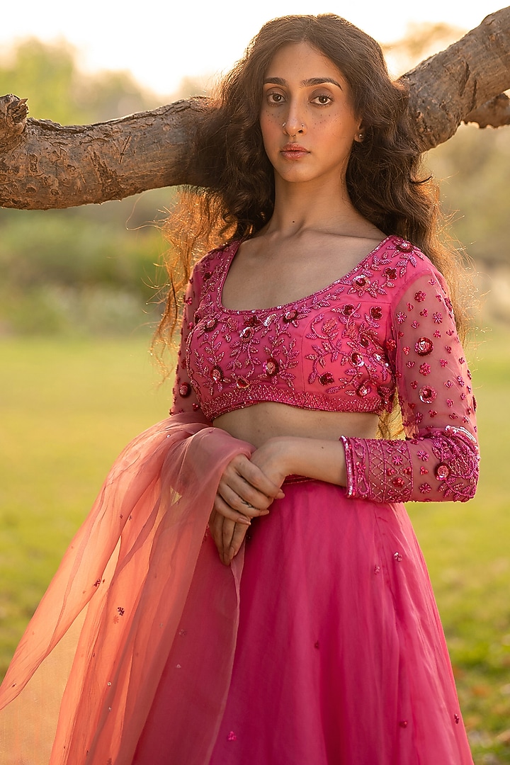 Hot Pink Silk Organza Wedding Lehenga Set by Zoon Tribe at Pernia's Pop Up Shop