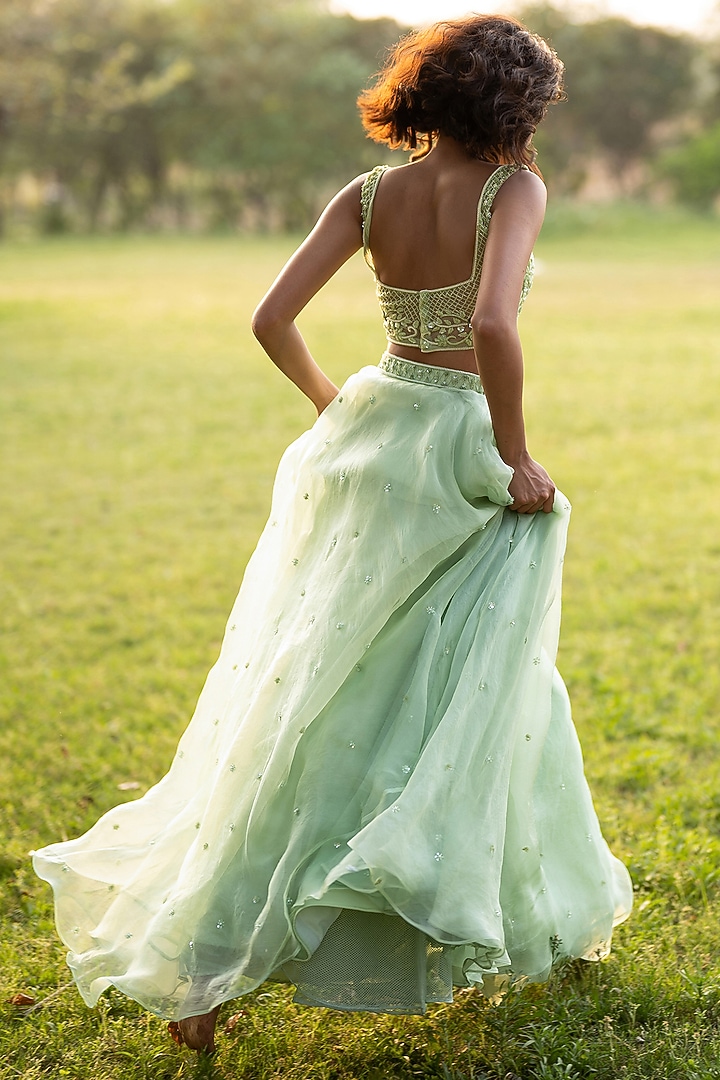 Light Green Silk Organza Wedding Lehenga Set by Zoon Tribe at Pernia's Pop Up Shop