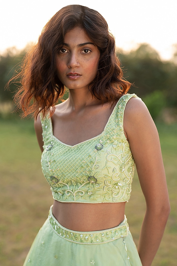 Light Green Silk Organza Wedding Lehenga Set by Zoon Tribe at Pernia's Pop Up Shop