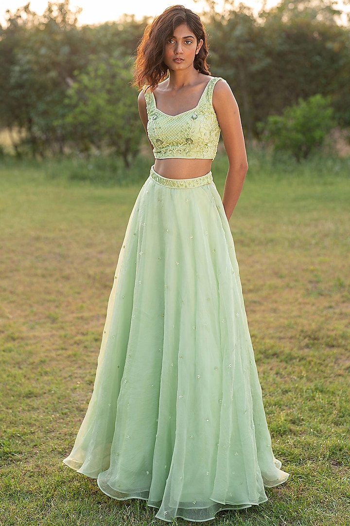 Light Green Silk Organza Wedding Lehenga Set by Zoon Tribe at Pernia's Pop Up Shop