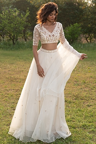 Ivory Silk Organza Lehenga Set by Zoon Tribe