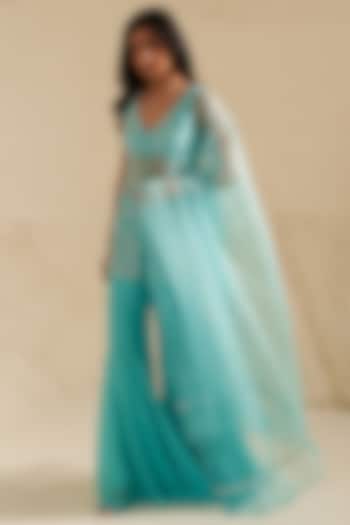 Aqua Blue Silk Chiffon Wedding Sharara Set by Zoon Tribe at Pernia's Pop Up Shop