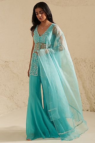 Aqua Blue Silk Chiffon Sharara Set by Zoon Tribe