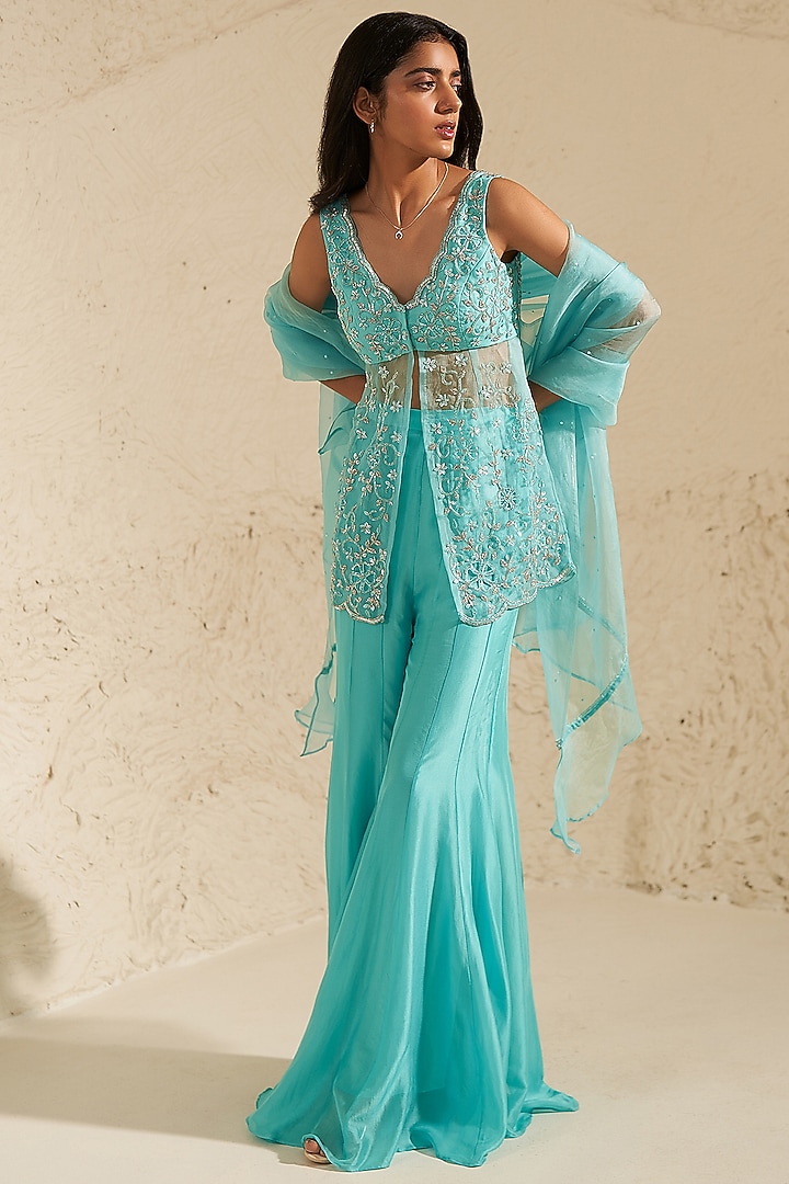 Aqua Blue Silk Chiffon Wedding Sharara Set by Zoon Tribe at Pernia's Pop Up Shop