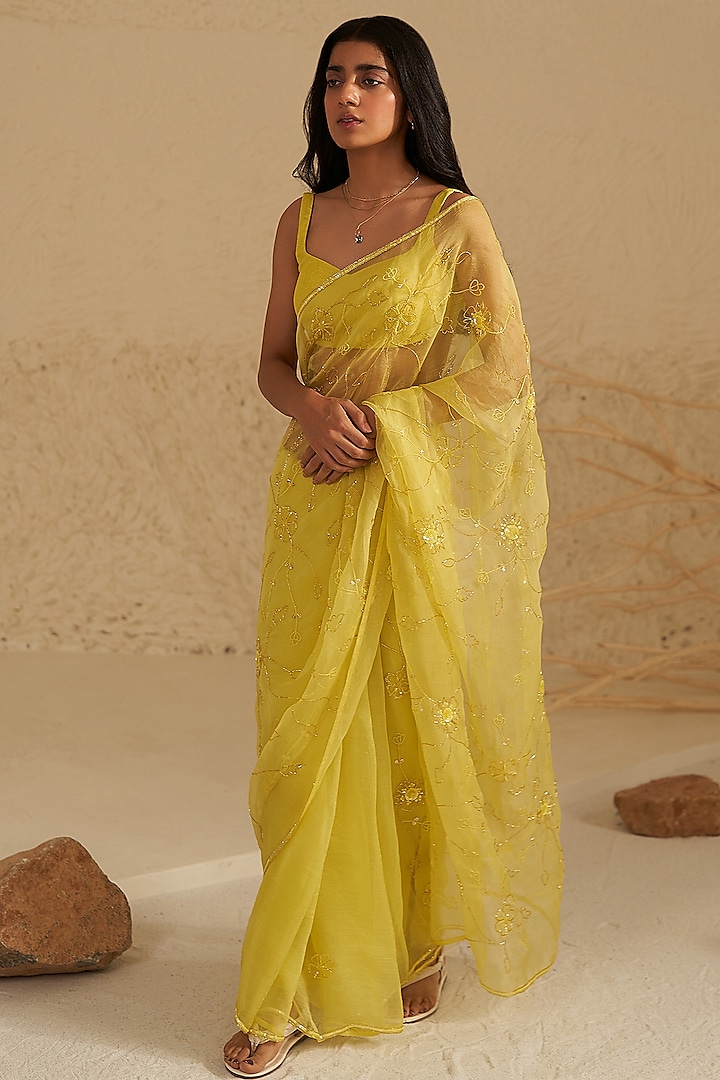 Neon Green Pure Organza Silk Hand Embroidered Saree Set by Zoon Tribe