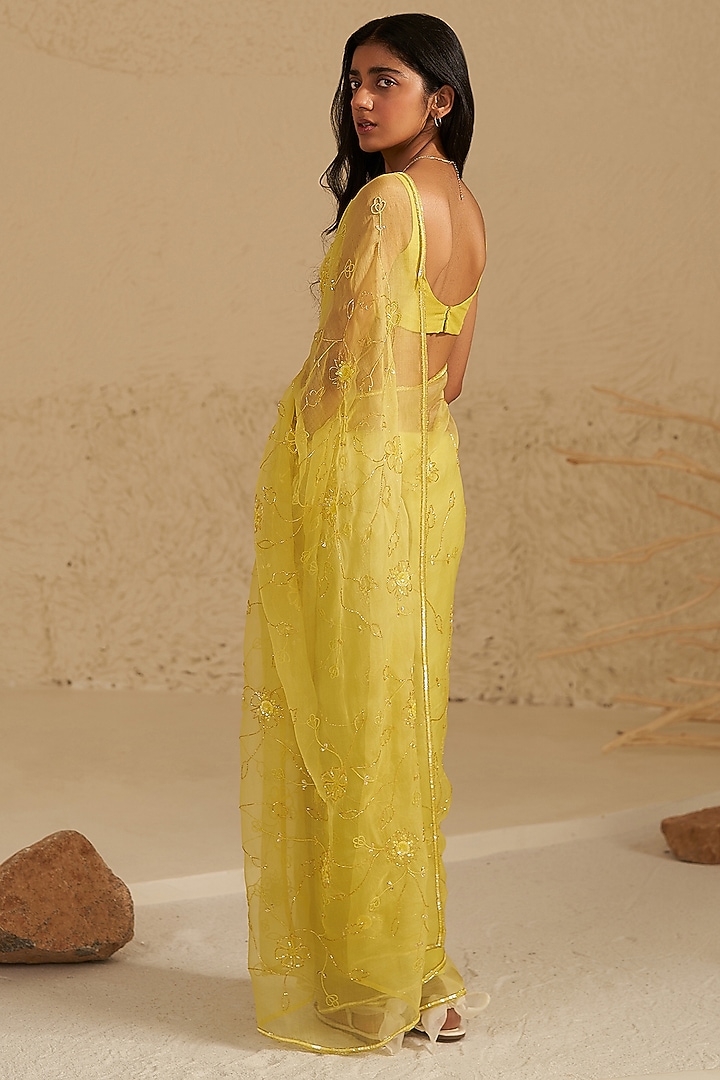 Neon Green Pure Organza Silk Hand Embroidered Wedding Saree Set by Zoon Tribe at Pernia's Pop Up Shop