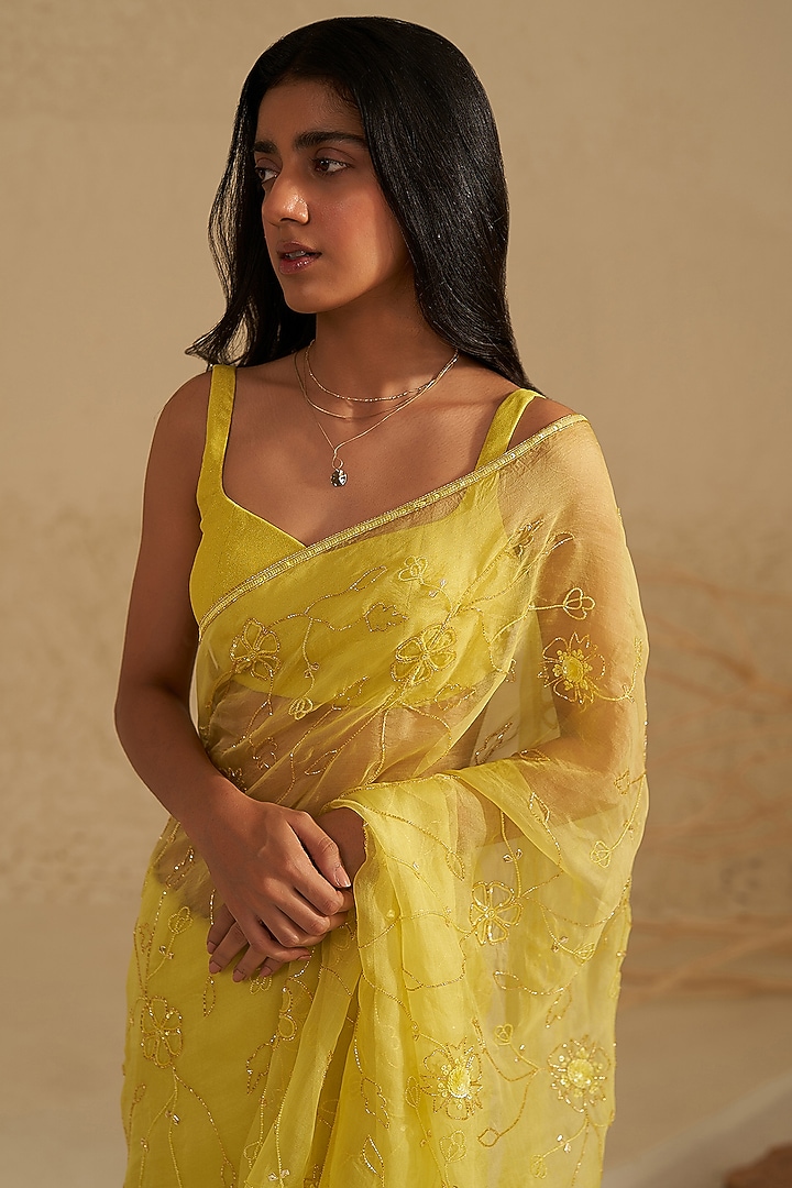 Neon Green Pure Organza Silk Hand Embroidered Wedding Saree Set by Zoon Tribe at Pernia's Pop Up Shop