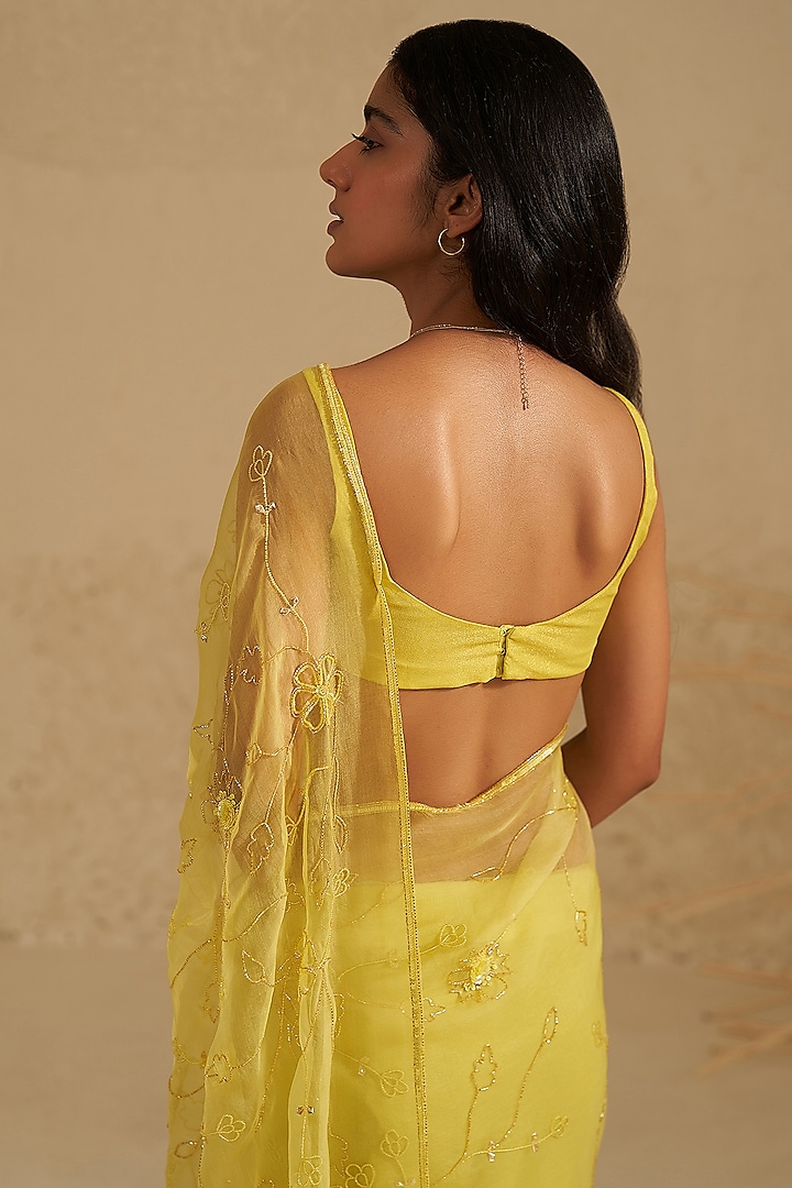 Neon Green Pure Organza Silk Hand Embroidered Wedding Saree Set by Zoon Tribe at Pernia's Pop Up Shop