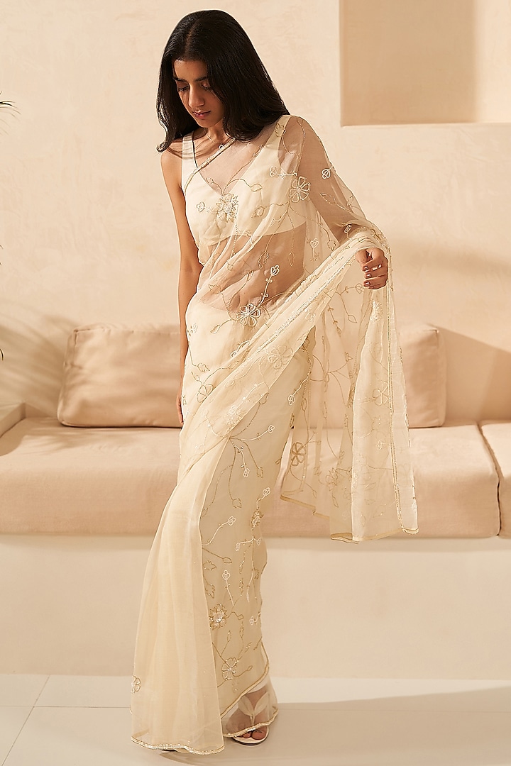 Cream Green Pure Organza Silk Hand Embroidered Saree Set by Zoon Tribe
