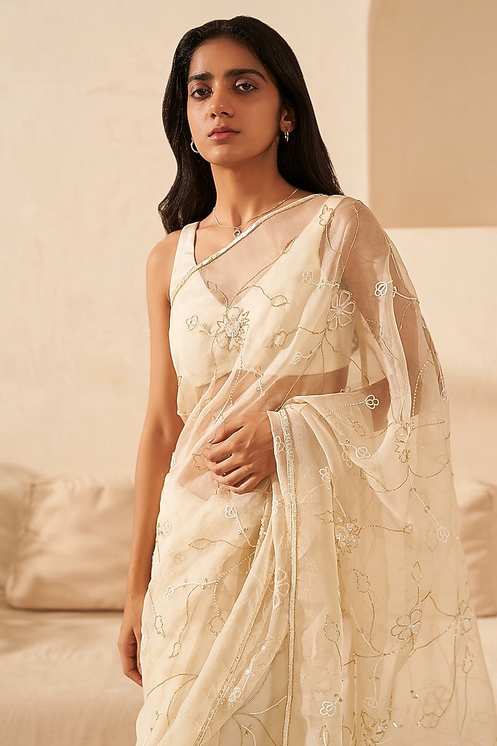 Cream Green Pure Organza Silk Hand Embroidered Wedding Saree Set by Zoon Tribe at Pernia's Pop Up Shop