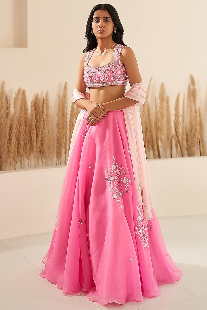 Pink Metallic Organza Hand Embroidered Lehenga Set by Zoon Tribe