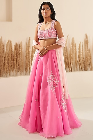 Pink Metallic Organza Hand Embroidered Lehenga Set by Zoon Tribe