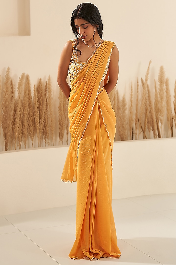 Mustard Metallic Georgette Scalloped Embroidered Draped Saree Set  by Zoon Tribe