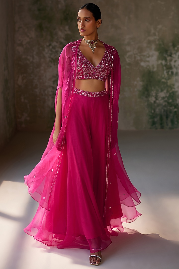 Hot Pink Pure Silk Organza Hand Embroidered Cape Set by Zoon Tribe