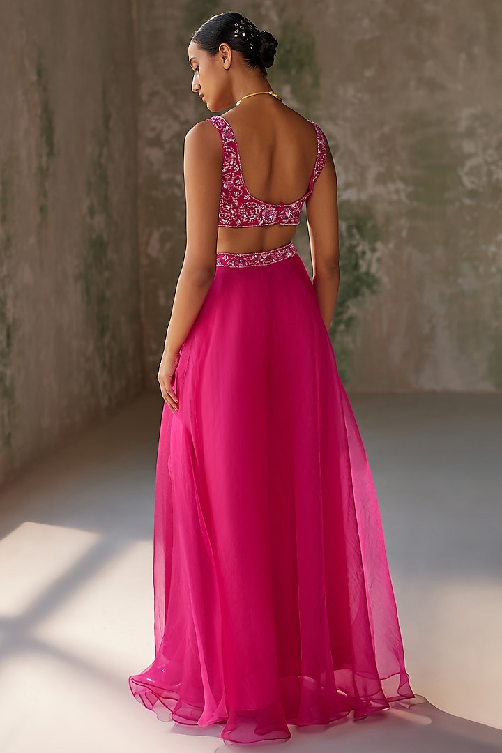 Hot Pink Pure Silk Organza Hand Embroidered Cape Set by Zoon Tribe at Pernia's Pop Up Shop