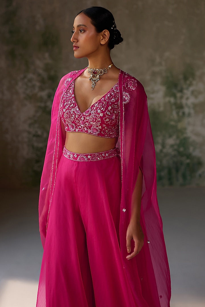 Hot Pink Pure Silk Organza Hand Embroidered Cape Set by Zoon Tribe at Pernia's Pop Up Shop