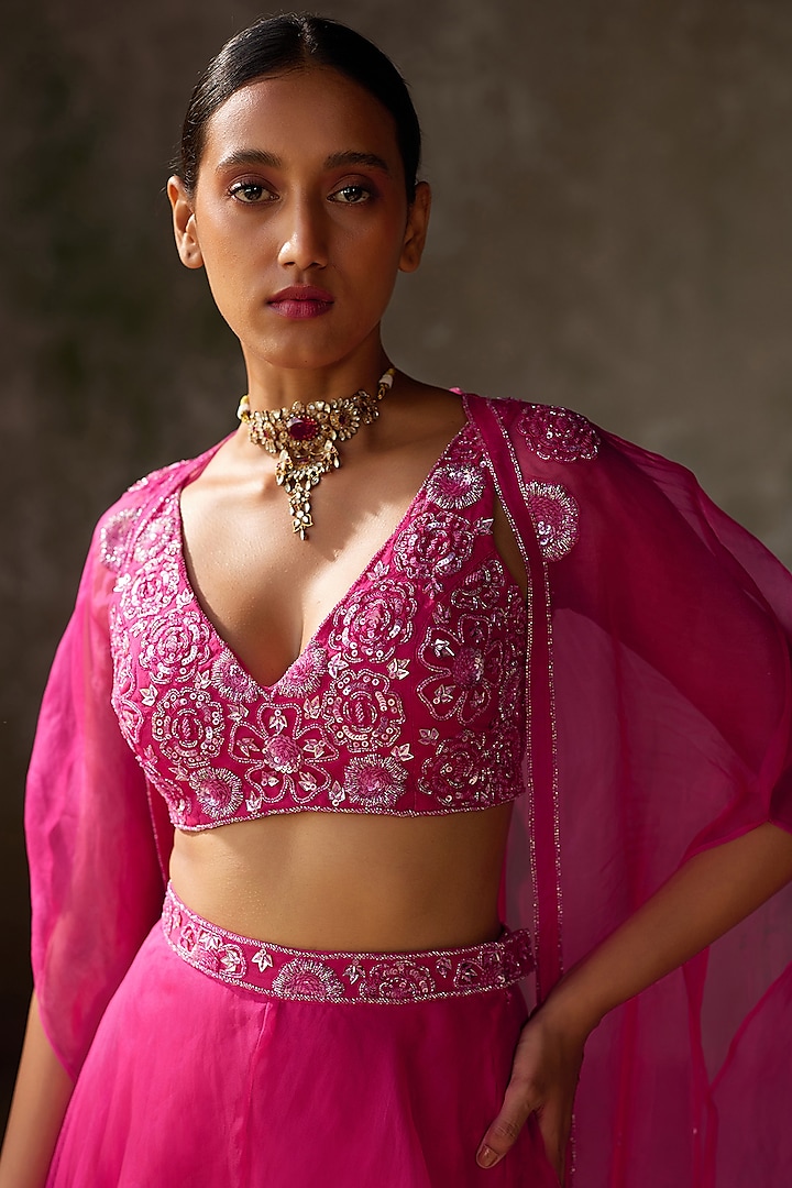 Hot Pink Pure Silk Organza Hand Embroidered Cape Set by Zoon Tribe at Pernia's Pop Up Shop