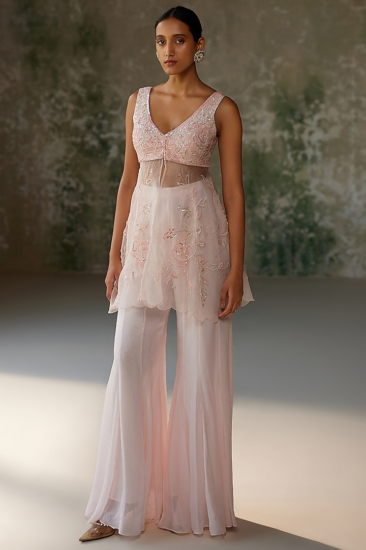 Baby Pink Flat Chiffon Wedding Sharara Set by Zoon Tribe at Pernia's Pop Up Shop