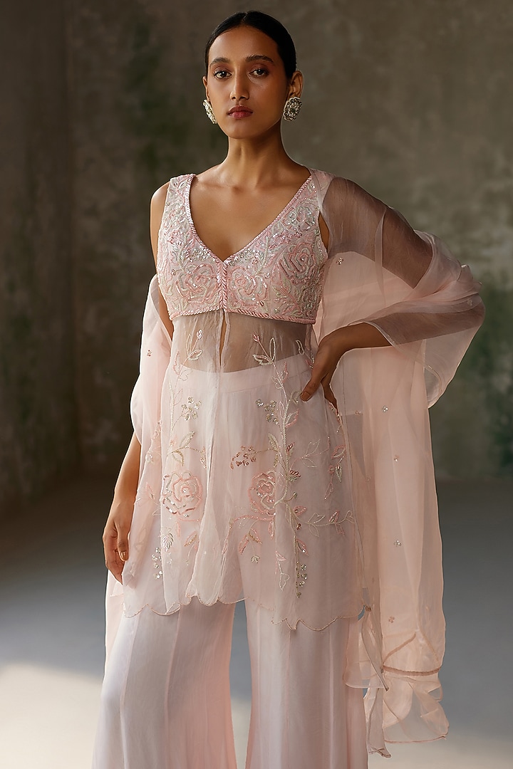Baby Pink Flat Chiffon Wedding Sharara Set by Zoon Tribe at Pernia's Pop Up Shop