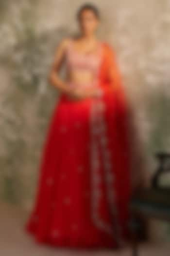 Tomato Red Pure Silk Organza Motif Hand Work Wedding Lehenga Set by Zoon Tribe at Pernia's Pop Up Shop