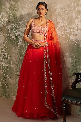 Tomato Red Pure Silk Organza Motif Hand Work Lehenga Set by Zoon Tribe