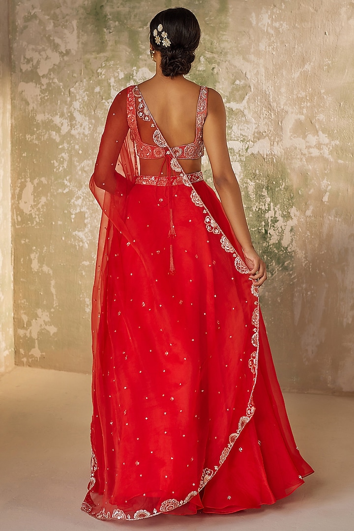 Tomato Red Pure Silk Organza Motif Hand Work Wedding Lehenga Set by Zoon Tribe at Pernia's Pop Up Shop