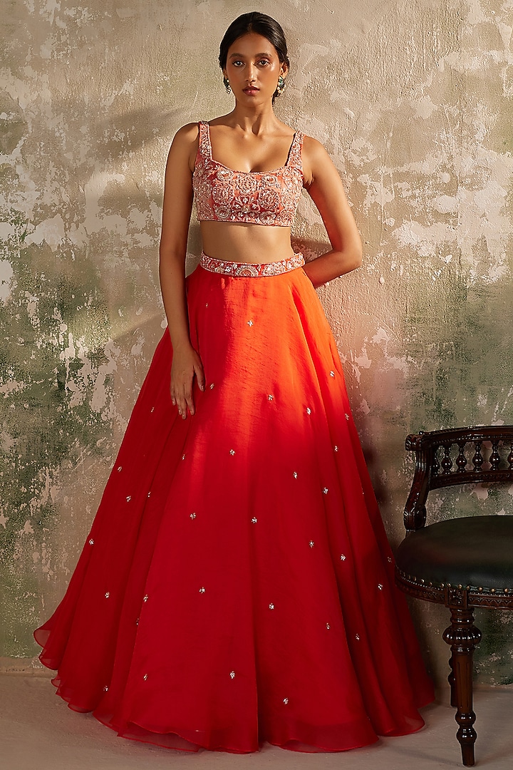 Tomato Red Pure Silk Organza Motif Hand Work Wedding Lehenga Set by Zoon Tribe at Pernia's Pop Up Shop