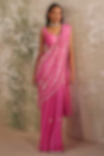 Pink Satin & Flat Chiffon Aari Hand Embroidered Pleated Saree Set by Zoon Tribe