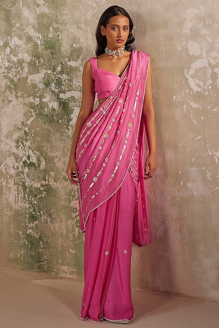 Pink Satin & Flat Chiffon Aari Hand Embroidered Pleated Saree Set by Zoon Tribe