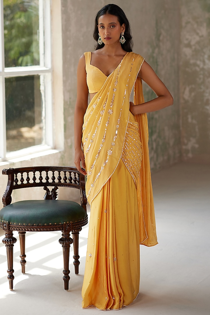 Sunshine Yellow Satin & Flat Chiffon Aari Hand Embroidered Pleated Saree Set by Zoon Tribe at Pernia's Pop Up Shop