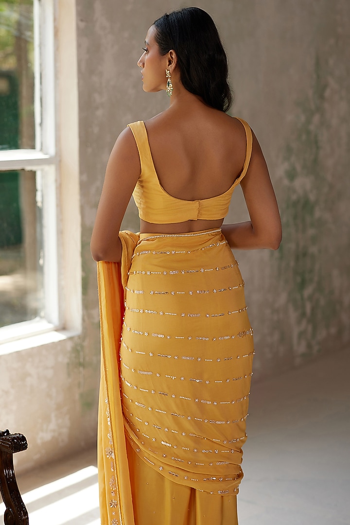 Sunshine Yellow Satin & Flat Chiffon Aari Hand Embroidered Pleated Wedding Saree Set by Zoon Tribe at Pernia's Pop Up Shop