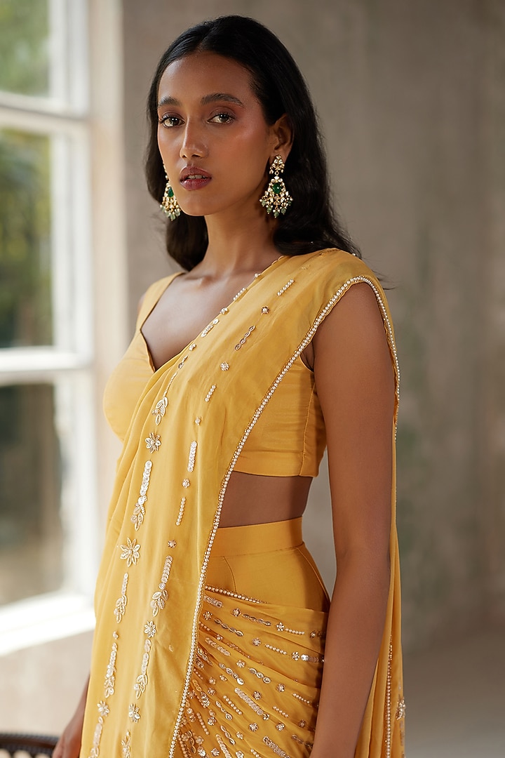 Sunshine Yellow Satin & Flat Chiffon Aari Hand Embroidered Pleated Wedding Saree Set by Zoon Tribe at Pernia's Pop Up Shop