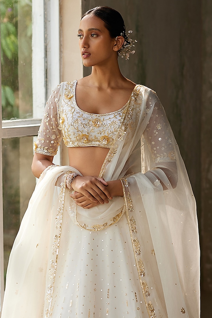 Ivory Pure Silk Organza Aari Hand Embroidered Wedding Lehenga Set by Zoon Tribe at Pernia's Pop Up Shop