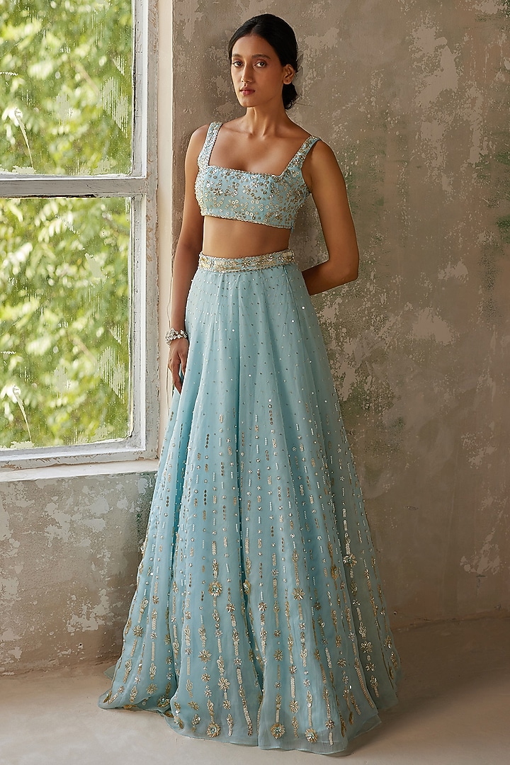 Sky Blue Pure Silk Organza Aari Hand Embroidered Wedding Lehenga Set by Zoon Tribe at Pernia's Pop Up Shop