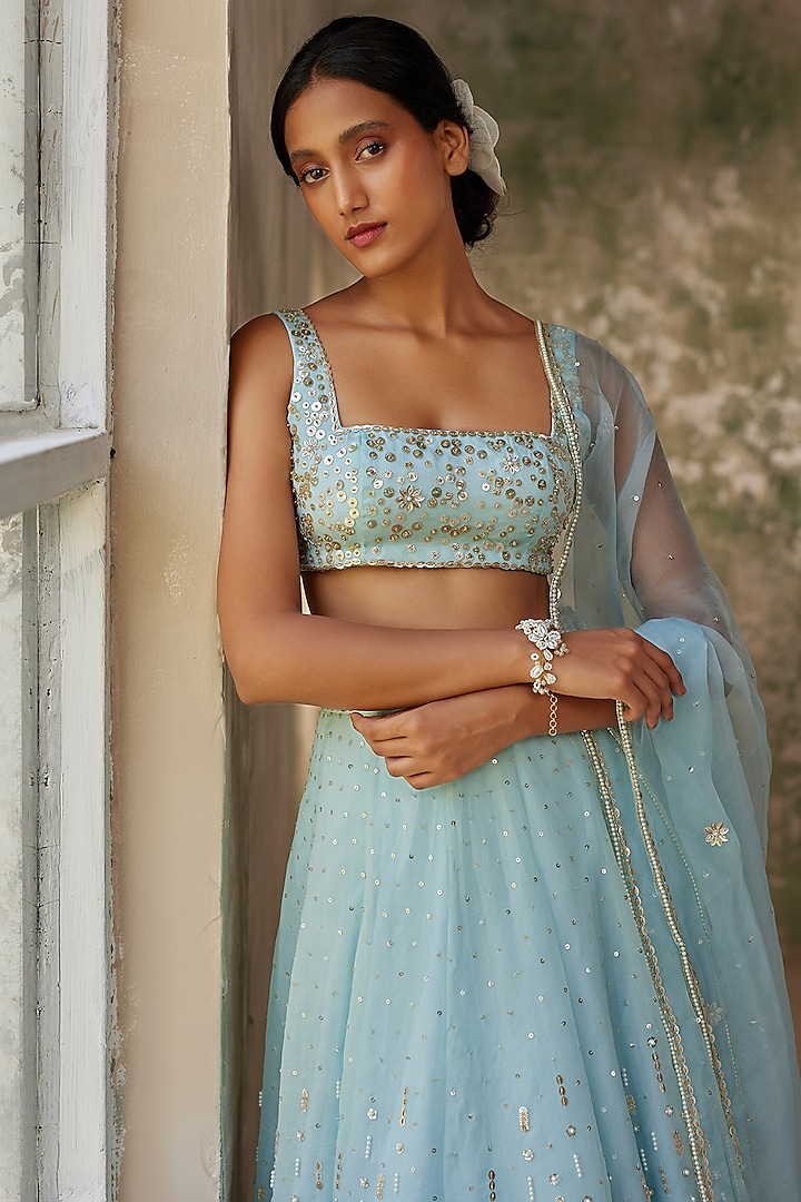 Sky Blue Pure Silk Organza Aari Hand Embroidered Wedding Lehenga Set by Zoon Tribe at Pernia's Pop Up Shop