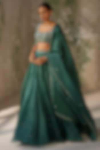 Emerald Green Silk Organza Hand Embroidered Pleated Wedding Lehenga Set by Zoon Tribe at Pernia's Pop Up Shop