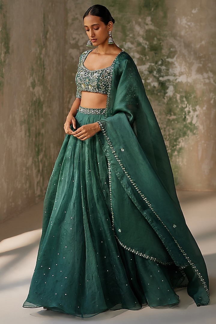 Emerald Green Silk Organza Hand Embroidered Pleated Wedding Lehenga Set by Zoon Tribe at Pernia's Pop Up Shop