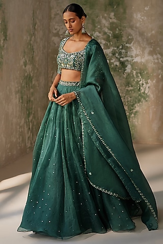 Emerald Green Silk Organza Hand Embroidered Pleated Lehenga Set by Zoon Tribe