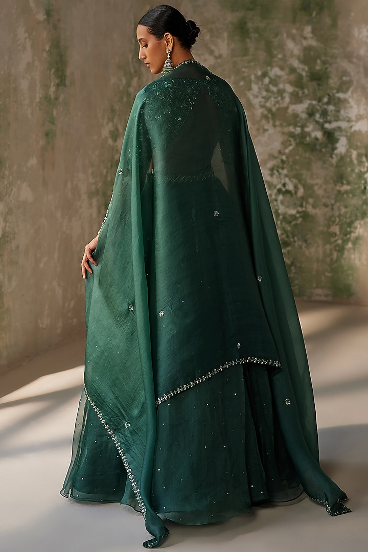 Emerald Green Silk Organza Hand Embroidered Pleated Wedding Lehenga Set by Zoon Tribe at Pernia's Pop Up Shop