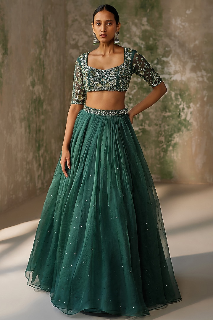 Emerald Green Silk Organza Hand Embroidered Pleated Wedding Lehenga Set by Zoon Tribe at Pernia's Pop Up Shop