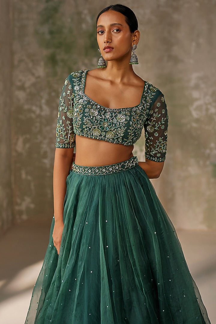 Emerald Green Silk Organza Hand Embroidered Pleated Wedding Lehenga Set by Zoon Tribe at Pernia's Pop Up Shop