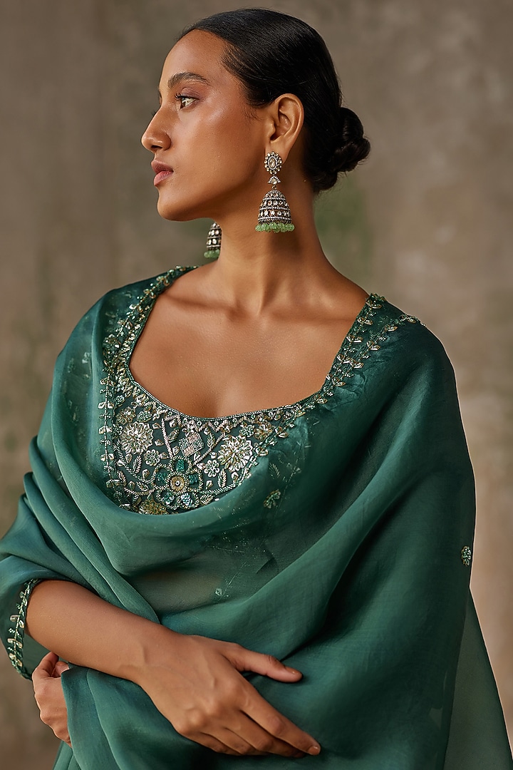 Emerald Green Silk Organza Hand Embroidered Pleated Wedding Lehenga Set by Zoon Tribe at Pernia's Pop Up Shop