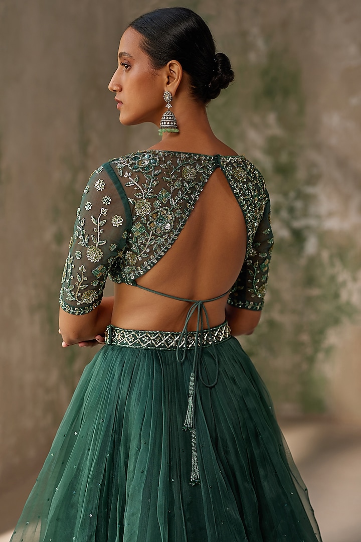 Emerald Green Silk Organza Hand Embroidered Pleated Wedding Lehenga Set by Zoon Tribe at Pernia's Pop Up Shop