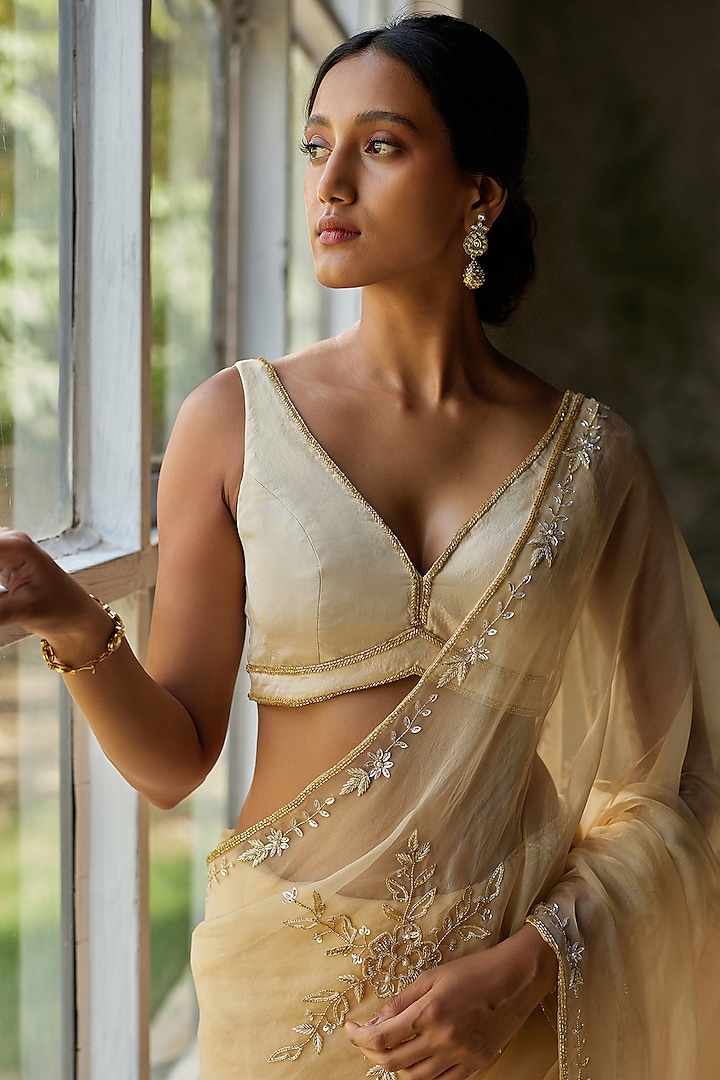 Golden Pure Silk Organza Aari Hand Embroidered Wedding Saree Set by Zoon Tribe at Pernia's Pop Up Shop