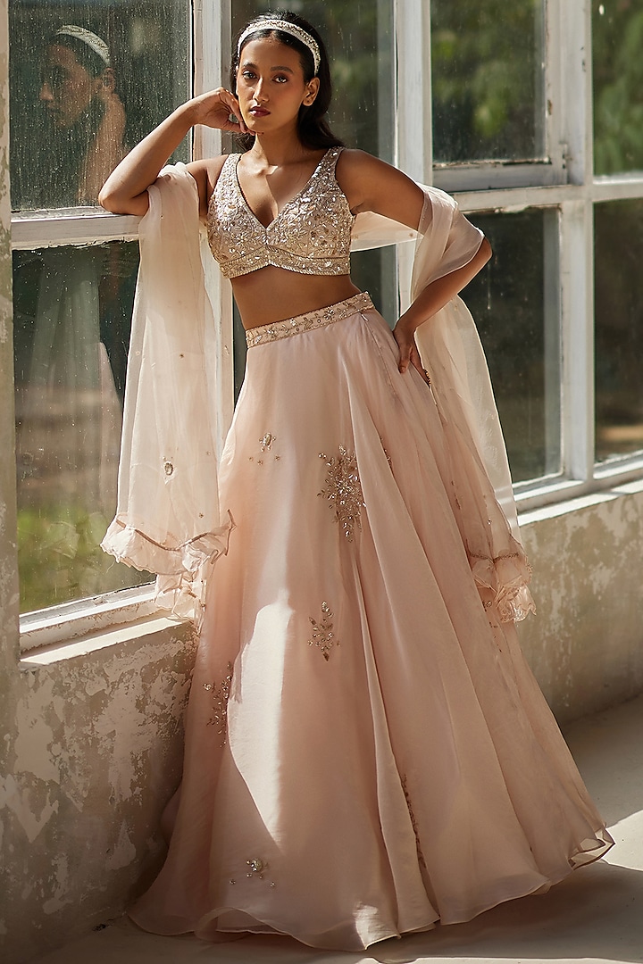 Champagne Pink Pure Satin Silk Organza Hand Embroidered Wedding Lehenga Set by Zoon Tribe at Pernia's Pop Up Shop