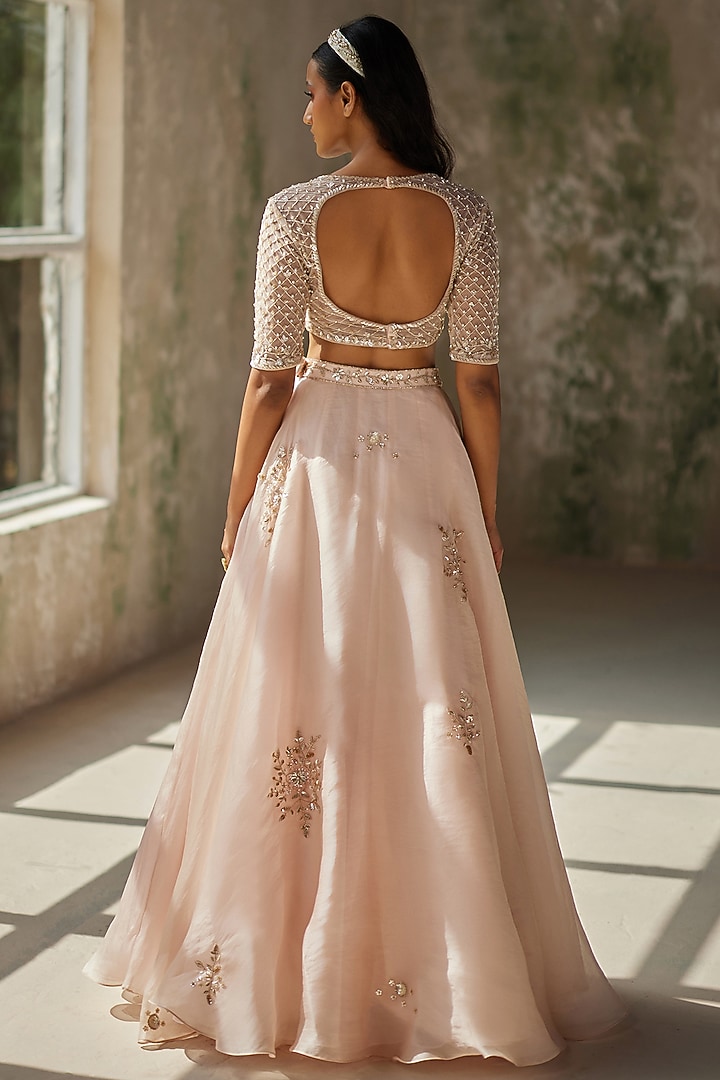 Champagne Pink Pure Satin Silk Organza Hand Embroidered Wedding Lehenga Set by Zoon Tribe at Pernia's Pop Up Shop