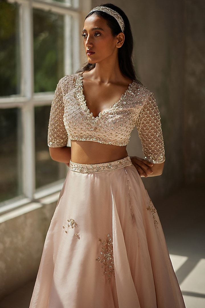 Champagne Pink Pure Satin Silk Organza Hand Embroidered Wedding Lehenga Set by Zoon Tribe at Pernia's Pop Up Shop